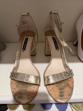Alice + Olivia Metallic Gold Snake-Embossed Block Heel Sandals